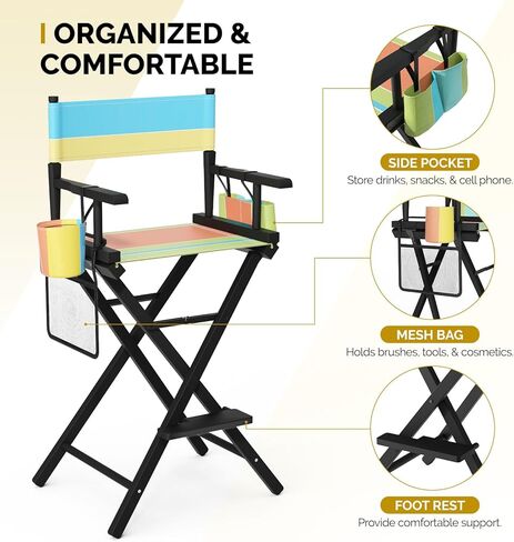 كرسي Omysalon's Director's 31 "قابلة للطي قابلة للطي مع حقيبة ومسند للتخزين ، كرسي فنان الماكياج للصالون ، الأحداث ، المحمول ، سعة 250 رطلاً ، إطارًا من الخشب الأبيض ومقعد القماش الأخضر الزيتون in Kuwait