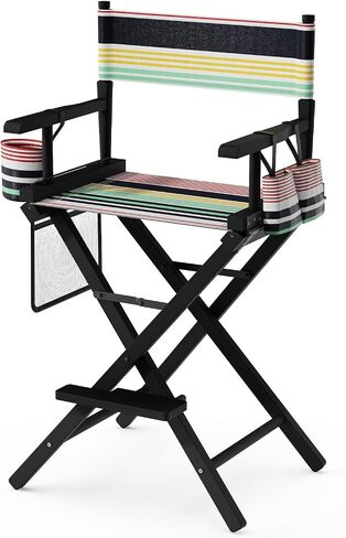 OmySalon 26" H Tall Directors Chair, Wooden Portable Folding Makeup Chair w/Storage Pouch & Footrest, Professional for Salon/Events/Mobile Services, 250lb Capacity, Striped Pink Canvas in Saudi Arabia