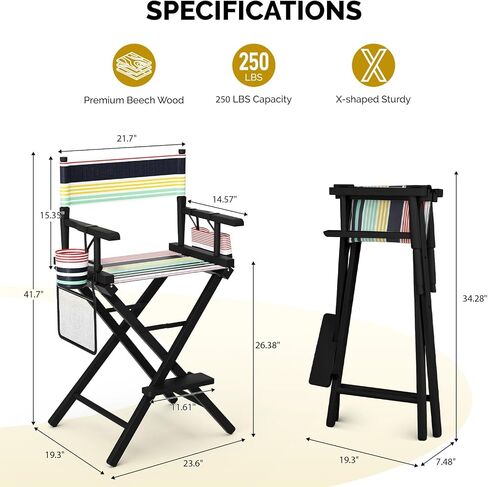 OmySalon 26" H Tall Directors Chair, Wooden Portable Folding Makeup Chair w/Storage Pouch & Footrest, Professional for Salon/Events/Mobile Services, 250lb Capacity, Striped Pink Canvas in Saudi Arabia