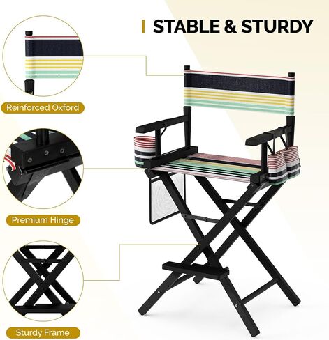 OmySalon 26" H Tall Directors Chair, Wooden Portable Folding Makeup Chair w/Storage Pouch & Footrest, Professional for Salon/Events/Mobile Services, 250lb Capacity, Striped Pink Canvas in Saudi Arabia
