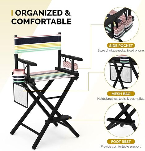 OmySalon 26" H Tall Directors Chair, Wooden Portable Folding Makeup Chair w/Storage Pouch & Footrest, Professional for Salon/Events/Mobile Services, 250lb Capacity, Striped Pink Canvas in Saudi Arabia