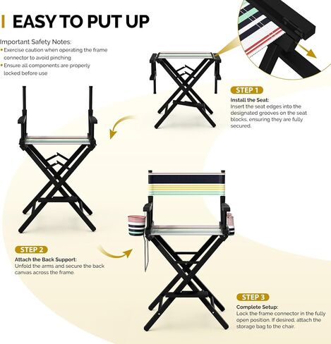 OmySalon 26" H Tall Directors Chair, Wooden Portable Folding Makeup Chair w/Storage Pouch & Footrest, Professional for Salon/Events/Mobile Services, 250lb Capacity, Striped Pink Canvas in Saudi Arabia