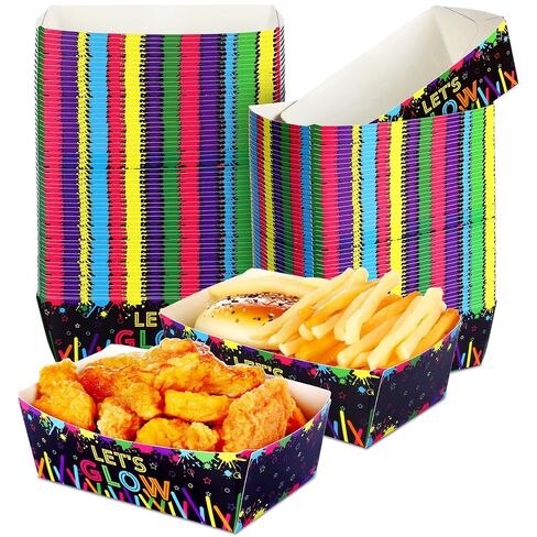 Junkin 50 Pcs Neon Glow Food Serving Trays Glow in Dark Paper Bowls Neon Party Paper Serving Trays Disposable Snack Boats for Colorful Graffiti 80s90s Birthday Party Supplies Decor in Saudi Arabia