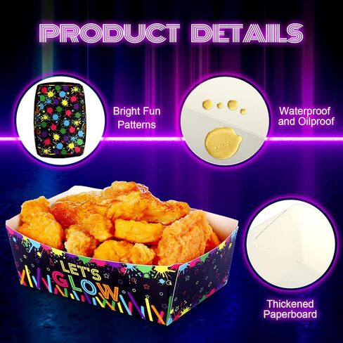 Junkin 50 Pcs Neon Glow Food Serving Trays Glow in Dark Paper Bowls Neon Party Paper Serving Trays Disposable Snack Boats for Colorful Graffiti 80s90s Birthday Party Supplies Decor in Saudi Arabia