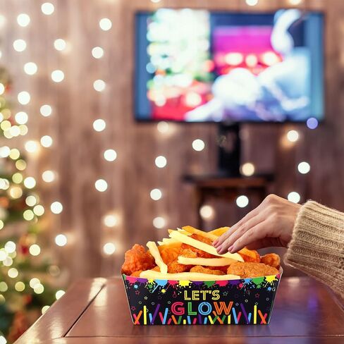 Junkin 50 Pcs Neon Glow Food Serving Trays Glow in Dark Paper Bowls Neon Party Paper Serving Trays Disposable Snack Boats for Colorful Graffiti 80s90s Birthday Party Supplies Decor in Saudi Arabia