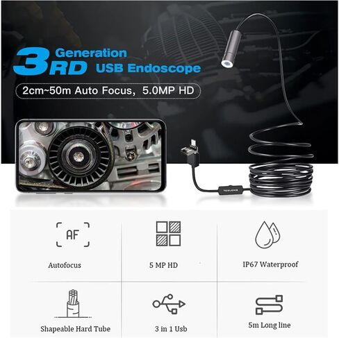 منظار 5.0 ميجابكسل 3 في 1 كاميرا USB المنظار 2594x1944p IP67 Auto Focus Industrial Borescope Hard Wire Inspection Camera Autofcus Camera in Saudi Arabia