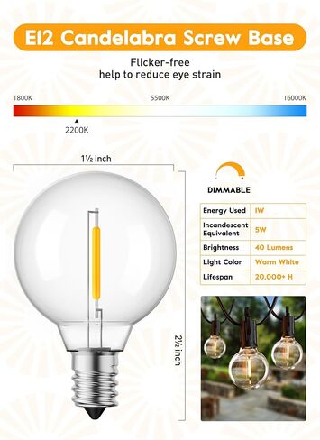 Brightown G40 Replacement LED Light Bulbs, 25 Pack Clear Globe Bulb fits E12 C7 Candelabra Screw Base Sockets, 1.5 Inch Dimmable Edison Light Bulbs for Indoor Outdoor Patio Decor, Warm White in Kuwait