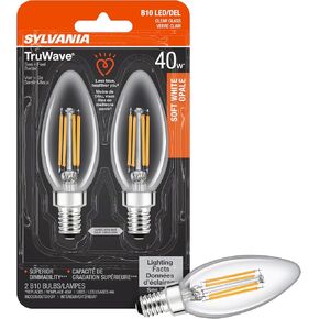 لمبة إضاءة سيلفانيا LED TruWave Natural Series Décor B10، كفاءة مكافئة 40 وات 4 وات، قاعدة شمعدان، قابلة للتعتيم، 350 لومن، شفاف، 2700 ك، أبيض ناعم - عبوتان (40794) in Kuwait