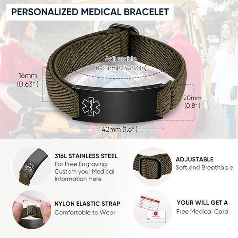 Personalized Medical Alert Bracelet for Men - Customized Elastic Strap Stainless Steel ID Bracelets Engraved Medic Info, Emergency Awareness Medic ID Bracelet for Autism Allergy Diabetic Epilepsy in Saudi Arabia