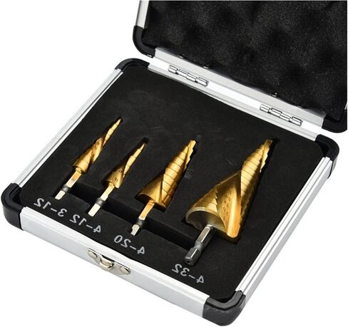 for 4pcs/Set HSS Spiral Grooved Center Drill Bit with Case 3-12mm 4-12/20/32mm Metal Titanium Coated Step Cone Drill Bit Hole Cutter Drill Bit in Saudi Arabia