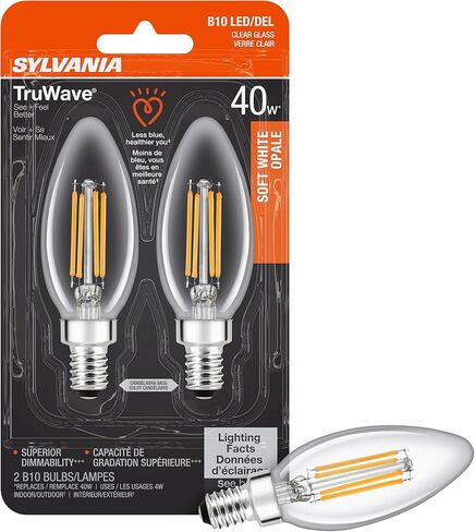 لمبة إضاءة سيلفانيا LED TruWave Natural Series Décor B10، كفاءة مكافئة 40 وات 4 وات، قاعدة شمعدان، قابلة للتعتيم، 350 لومن، شفاف، 2700 ك، أبيض ناعم - عبوتان (40794) in Kuwait