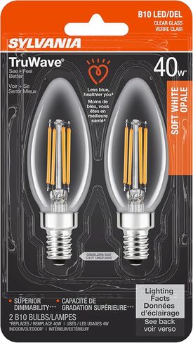 لمبة إضاءة سيلفانيا LED TruWave Natural Series Décor B10، كفاءة مكافئة 40 وات 4 وات، قاعدة شمعدان، قابلة للتعتيم، 350 لومن، شفاف، 2700 ك، أبيض ناعم - عبوتان (40794) in Kuwait