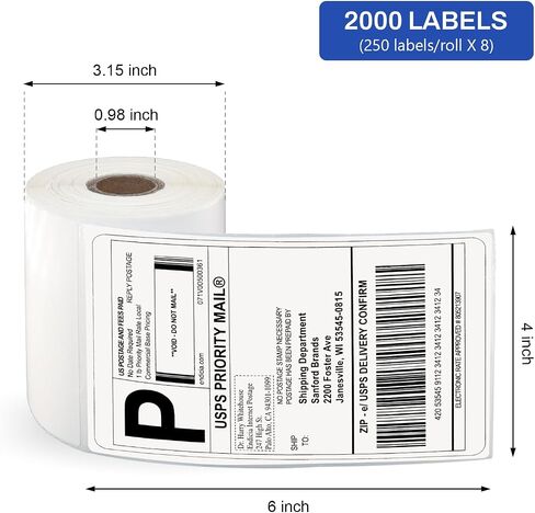 4"x6" Blank Direct Thermal Shipping Labels for Thermal Printer, Adhesive White Mailing Postage Thermal Paper Roll, 250 Labels per Roll (8 Rolls/2000) in Kuwait