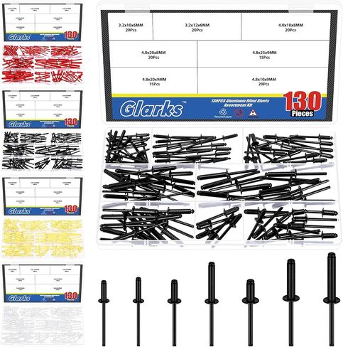 Glarks 130pcs 7 Sizes White Aluminum Blind Rivets, Aluminum Grip Steel Mandrel Pop Rivet, Pop Rivets Assortment Kit, Large Flange Rivets for Metal, Furniture, Automotive in Saudi Arabia