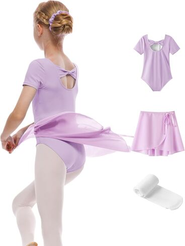 Girls Ballet Dance Short Sleeve Leotard with Removable Skirt and Tights Combo, Toddlers Gymnastics Ballerina Outfit in Saudi Arabia