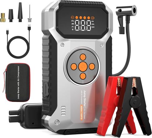 Car Jump Starter with Air Compressor, 4000A Portable Jump Starter Battery Pack with 150PSI Tire Inflator (All Gas/8L Diesel) Jump Box 12V Car Battery Charger, 3 Modes Flashlight and Jumper Cables in Kuwait