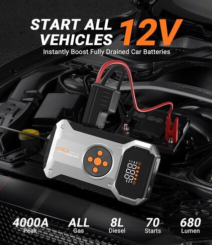 Car Jump Starter with Air Compressor, 4000A Portable Jump Starter Battery Pack with 150PSI Tire Inflator (All Gas/8L Diesel) Jump Box 12V Car Battery Charger, 3 Modes Flashlight and Jumper Cables in Kuwait