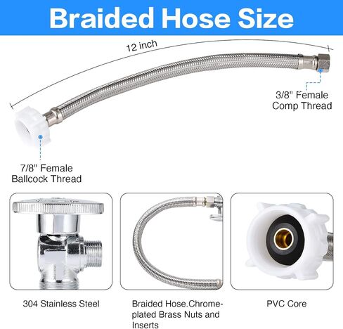 طقم خط إمداد مياه خرطوم المرحاض - 12 "طول 3/8" شركات x 7/8 "قبل الميلاد خرطوم موصل المرحاض مضفرًا وإغلاق مياه المرحاض 1/2 بوصة مدخل X 3/8 بوصة OD OD الزاوية in Saudi Arabia