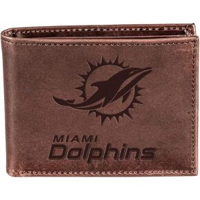 فريق الرياضة America NFL Miami Dolphins Brown Wallet | ثنائية الضعف | شعار مختوم مرخص رسميا | مصنوع من الجلد | منظم المال والبطاقات | صندوق الهدايا المدرجة in Kuwait