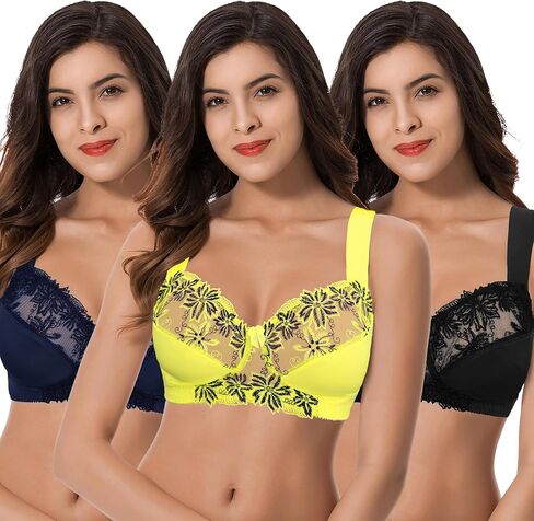 Curve Muse Plus Size Minimizer Unlined Wireless Bra with Lace Embroidery-3Pack-Blush,Sage,Nude-38C in Kuwait