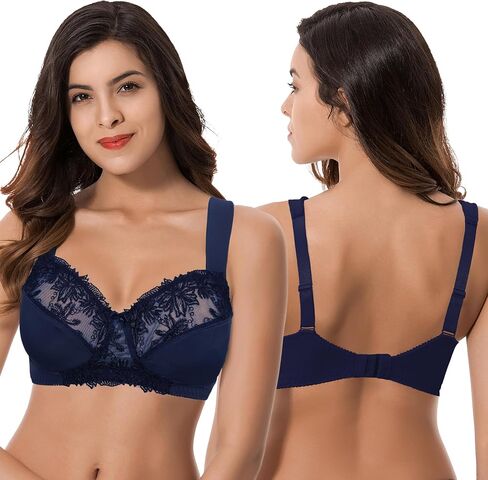Curve Muse Plus Size Minimizer Unlined Wireless Bra with Lace Embroidery-3Pack-Blush,Sage,Nude-38C in Kuwait