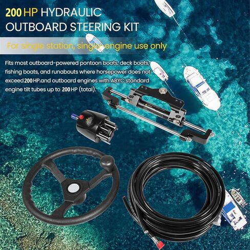 200HP Hydraulic Steering Kit with Steering Wheel - Complete Marine System for Single Station, Single-Engine use Built-in Two-Way Lock Cylinder, 200HP Pump and 26ft High-Strength Nylon Hose in Kuwait