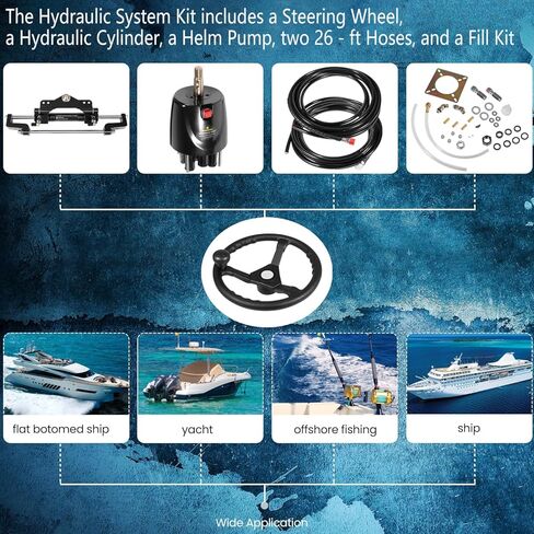 200HP Hydraulic Steering Kit with Steering Wheel - Complete Marine System for Single Station, Single-Engine use Built-in Two-Way Lock Cylinder, 200HP Pump and 26ft High-Strength Nylon Hose in Kuwait