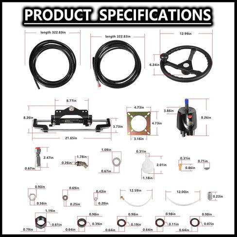 200HP Hydraulic Steering Kit with Steering Wheel - Complete Marine System for Single Station, Single-Engine use Built-in Two-Way Lock Cylinder, 200HP Pump and 26ft High-Strength Nylon Hose in Kuwait
