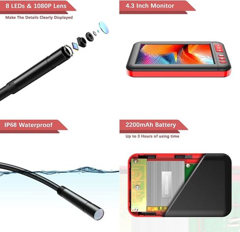 Detachable Industrial Endoscope, 4.3-Inch IPS Screen Endoscope Inspection Camera, Built-in 8 LED 8Mm Lens IP67 Waterproof USB Automobile Inspection Endoscope,5M in Saudi Arabia