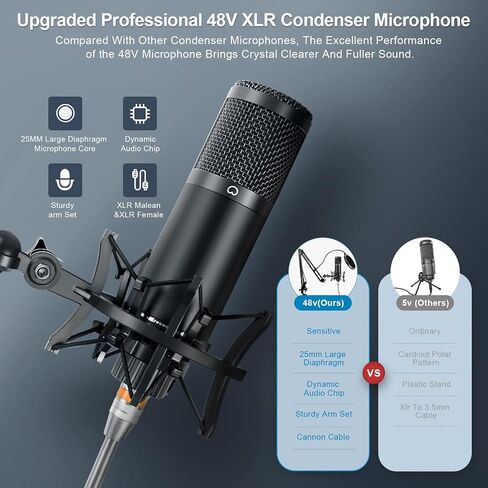 حزمة معدات البودكاست ، واجهة الصوت وميكروفون XLR المكثف ، معدات الاستوديو مع 48 فولت Phantom Power ، Bluetooth للبودكاست ، البث ، الصوت أكثر ، الغناء ، الكمبيوتر ، الهاتف الذكي in Saudi Arabia