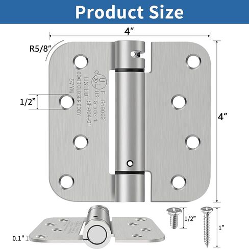 4 Inch Self Closing Door Hinges, 5/8" Radius Corners Spring Loaded Hinges for Exterior, Garage, Front and Back Door, UL Listed, for Left and Right Hand Door, Brushed Nickel, 2 Pack in Saudi Arabia