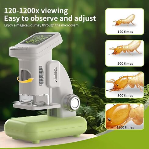 1200X Microscope for Kids with 2 inch Screen STEM Digital Science Kit Rechargeable Handheld Zoom 32GB SD Card Slides Photo and Video Gift for Kids Ages 6 to 12 (Green) in Saudi Arabia