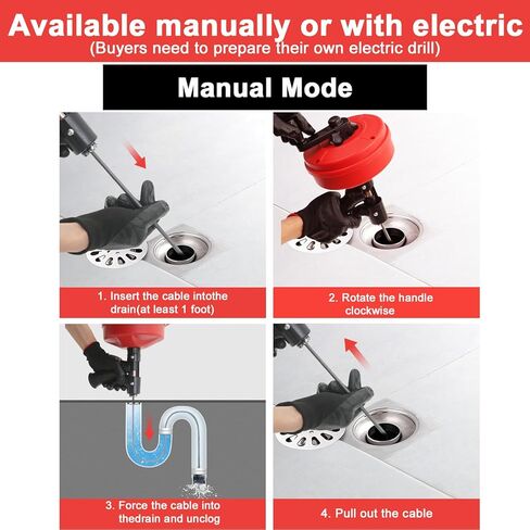 35FT Drain Snake with Drill Attachment, Auto/Manual Plumbing Snake for Kitchen Sink, Shower Clogs, Includes Gloves & Storage Bag in Saudi Arabia