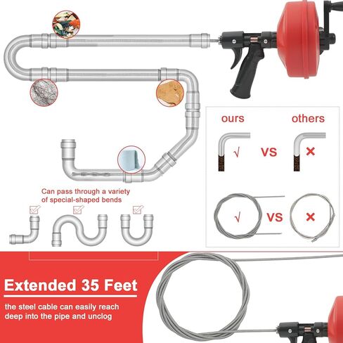 35FT Drain Snake with Drill Attachment, Auto/Manual Plumbing Snake for Kitchen Sink, Shower Clogs, Includes Gloves & Storage Bag in Saudi Arabia