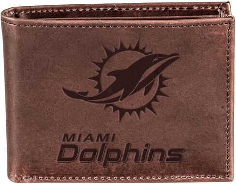 فريق الرياضة America NFL Miami Dolphins Brown Wallet | ثنائية الضعف | شعار مختوم مرخص رسميا | مصنوع من الجلد | منظم المال والبطاقات | صندوق الهدايا المدرجة in Kuwait