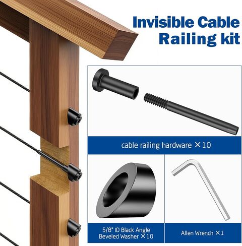 Cable Railing Kit, 10 PCS 1/8" Black Stainless Steel Invisible Receiver and Swage Stud End & 10 PCS 5/16" ID Black Angle Washers for Cable Railing, Cable Railing Hardware for Wood/Metal Post, Wrench in Saudi Arabia