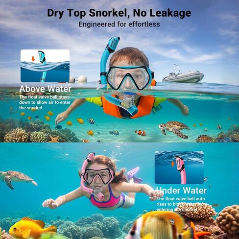 Snorkeling Gear for Kids, Kids Scuba Diving Mask Dry Top Snorkel Set for Ages 3-14, 180°Panoramic Wide View, Safety Breathing Freely Snorkel Goggles Kit with Nose Cover for Snorkeling Swimming, Travel in Saudi Arabia