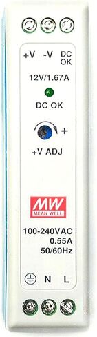 MDR-20-12 DIN Rail Power Supply, 12V 1.67A 20W, Universal AC Input, Built-in DC OK Signal, <0.75W Standby, UL Certified, for Industrial Automation in Kuwait
