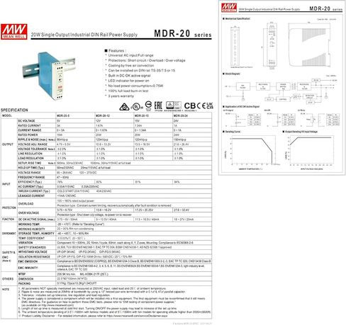 MDR-20-12 DIN Rail Power Supply, 12V 1.67A 20W, Universal AC Input, Built-in DC OK Signal, <0.75W Standby, UL Certified, for Industrial Automation in Kuwait