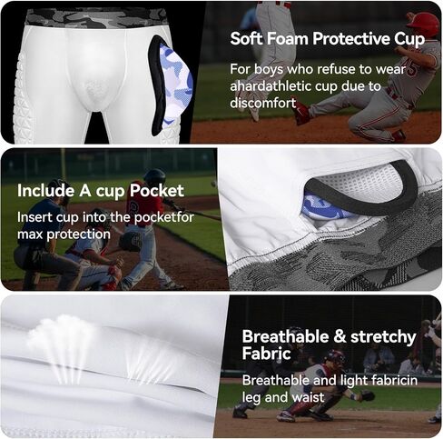 Youth Compression Padded Sliding Shorts with Soft Protective Athletic Cup Underwear for Baseball Football Lacrosse (White) in Saudi Arabia