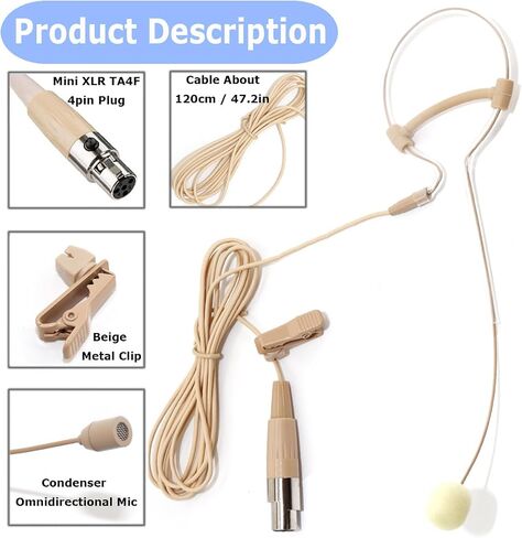 Single Earhook Headset Microphone Headworn Over Ear Hanging Condenser Omnidirectional Mic Clip Compatible with Shure Wireless Bodypack Transmitter System with Mini XLR 4 Pin TA4F Plug in Kuwait