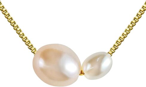 PEARLIE Pearl Necklace for Women, Dainty Double Pearls Choker Necklace Pendant Handpicked Freshwater Cultured Pearl Gold Chain Necklace Wedding Jewelry in Saudi Arabia
