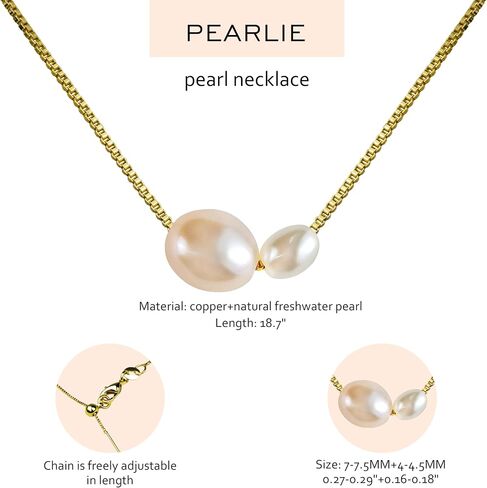 PEARLIE Pearl Necklace for Women, Dainty Double Pearls Choker Necklace Pendant Handpicked Freshwater Cultured Pearl Gold Chain Necklace Wedding Jewelry in Saudi Arabia