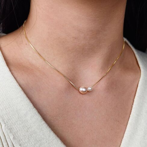 PEARLIE Pearl Necklace for Women, Dainty Double Pearls Choker Necklace Pendant Handpicked Freshwater Cultured Pearl Gold Chain Necklace Wedding Jewelry in Saudi Arabia