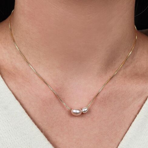 PEARLIE Pearl Necklace for Women, Dainty Double Pearls Choker Necklace Pendant Handpicked Freshwater Cultured Pearl Gold Chain Necklace Wedding Jewelry in Saudi Arabia