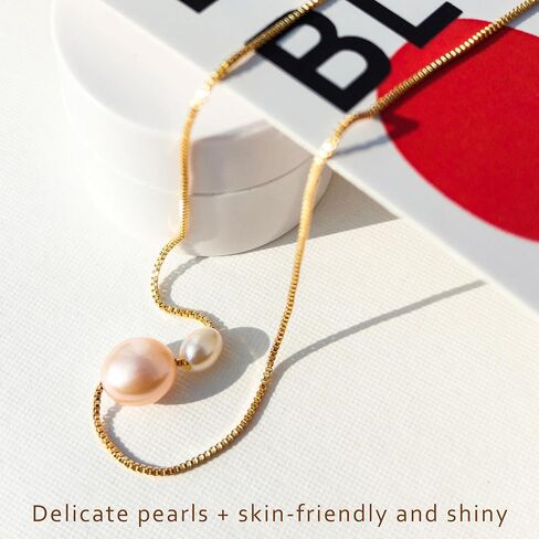 PEARLIE Pearl Necklace for Women, Dainty Double Pearls Choker Necklace Pendant Handpicked Freshwater Cultured Pearl Gold Chain Necklace Wedding Jewelry in Saudi Arabia