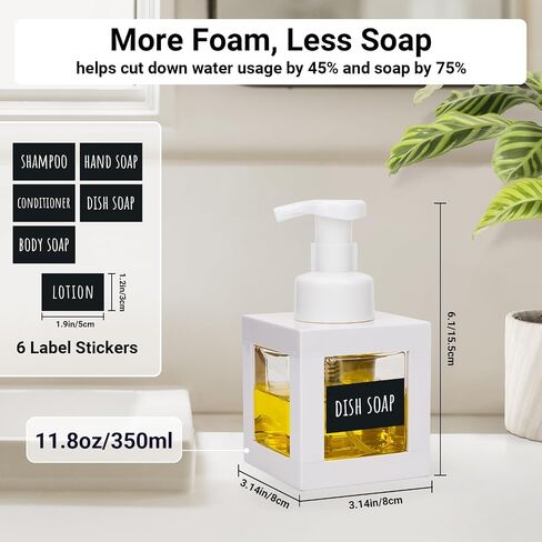 Segbeauty 11.84oz White Foam Soap Dispenser with Waterproof Labels, 350ml Refillable Square Liquid Dish Soap Foaming Dispenser, Plastic Hand Soap Shampoo Body Wash Dispenser for Kitchen Sink Bathroom in Saudi Arabia