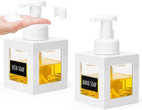 Segbeauty 11.84oz White Foam Soap Dispenser with Waterproof Labels, 350ml Refillable Square Liquid Dish Soap Foaming Dispenser, Plastic Hand Soap Shampoo Body Wash Dispenser for Kitchen Sink Bathroom in Saudi Arabia