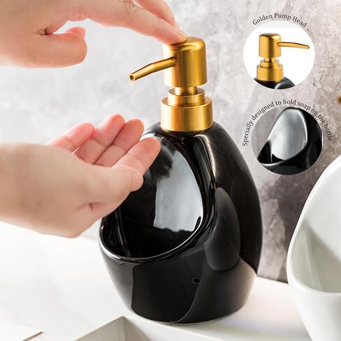Black Ceramic Soap Dispenser with Sponge Holder – Matte Refillable Dish Soap Pump for Kitchen Sink, 2-in-1 Sink Organizer Tray – Sleek Modern Countertop Accessory in Saudi Arabia