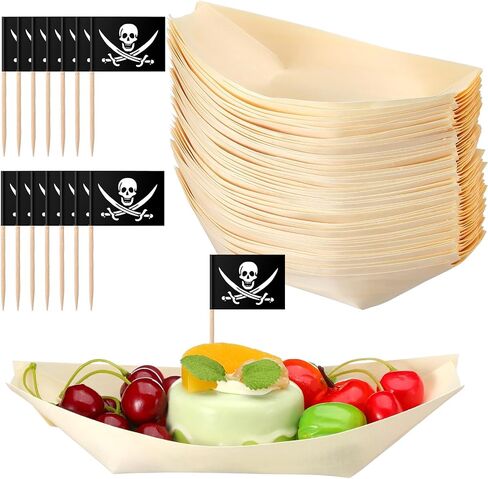 Nuogo 50 Pack 8 Inch Disposable Bamboo Boat Plates with Wood Sailing Flag Cake Topper Wooden Charcuterie Trays Serving Plates for Birthday Party Decorations Tropical Hawaiian Favor Supplies (Pirate) in Saudi Arabia